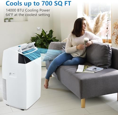 14000 BTU Portable Air Conditioner - Powerful Cooling for Rooms Up to 750 Sq Ft | 3-In-1 AC Unit with Cooling, Fan & Dehumidifier | Ultra-Quiet Sleep Mode, Remote, Timer | Easy Setup Window Kit Includ
