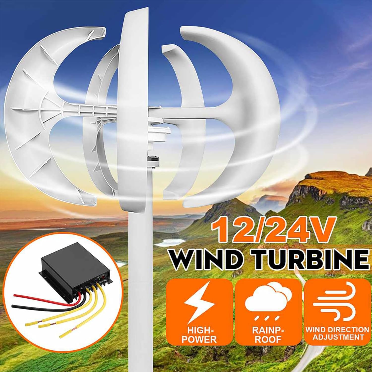 5 Blades No Noise Vertical Wind Generator,9000W 12V 24V 48V 220V Low Start-Up Wind Speed with Controller Hybrid Suitable for Streets/Gardens