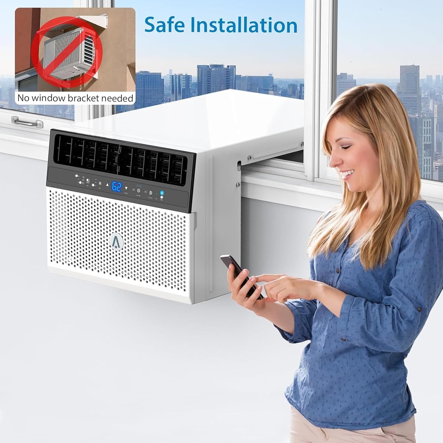 8000BTU Window Air Conditioner with Remote Control and Wifi - Washable Filter, Ultra Quiet Energy-Efficient Cooling, Cools Up to 370 Sq. Ft., Ideal for Home, Office, Dorm, White