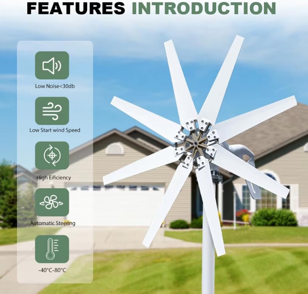 Low Noise 3500W Horizontal Wind Turbine Generator Set, with MPPT Controller 12V 24V 48V 220V High Power Home Wind Turbine Kit for Solar Power Generation System