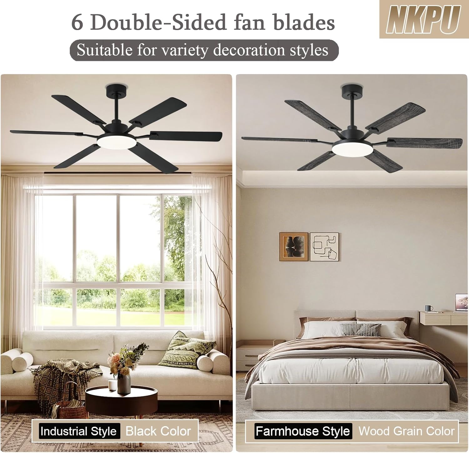 60 Inch Ceiling Fans with Lights, Large Modern Black Ceiling Fan with Light and Remote Control, 6 Double Sided Blades, 6 Speed Reversible Motor, Dimmable LED, Silent Timing, Indoor Outdoor Patio Use