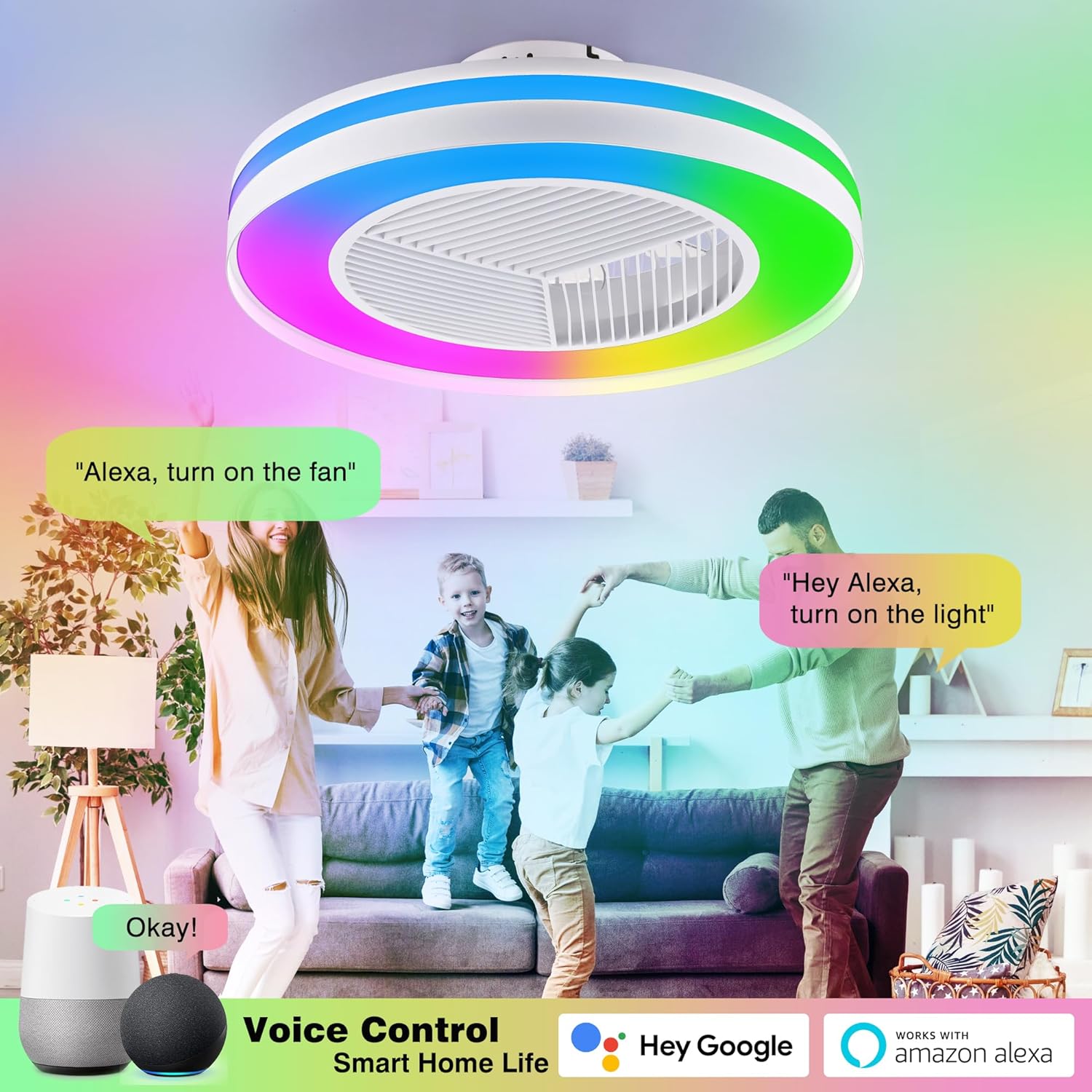 Smart Low Profle Ceiling Fans with RGB Lights Remote/APP/Voice Control, 20
