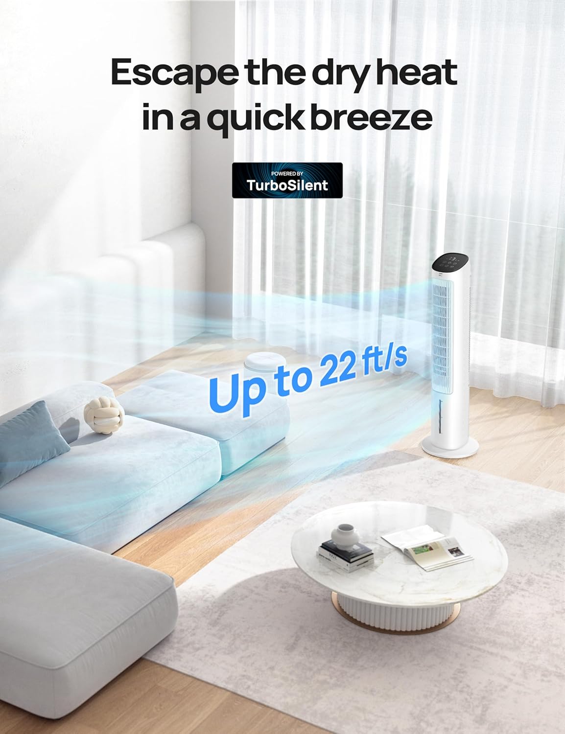 Dreo Portable Air Conditioners Fan, 40” Standing Fans that Blow Cold Air, Portable AC，80° Oscillating Evaporative Air Cooler，Removable Water Tank, Ice Packs, Remote Control, 4 Speeds, 7H Timer, White