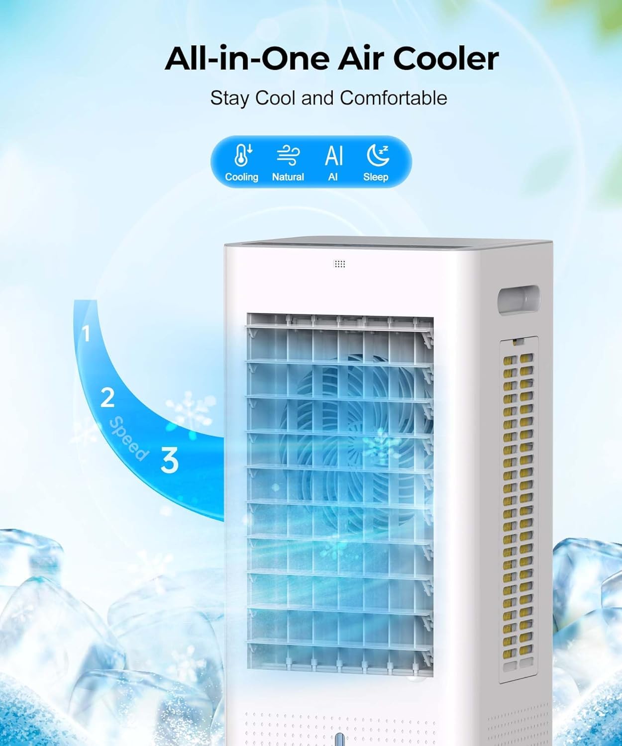 Evaporative Air Cooler with Remote & Timer, 2200+ CFM Portable Fan That Blows Cold Air for Large Room, Home Office, Bedroom - 2.1Gal High-Capacity Tank, 3 Modes, Whisper Quiet 30dB & Sleep Mode