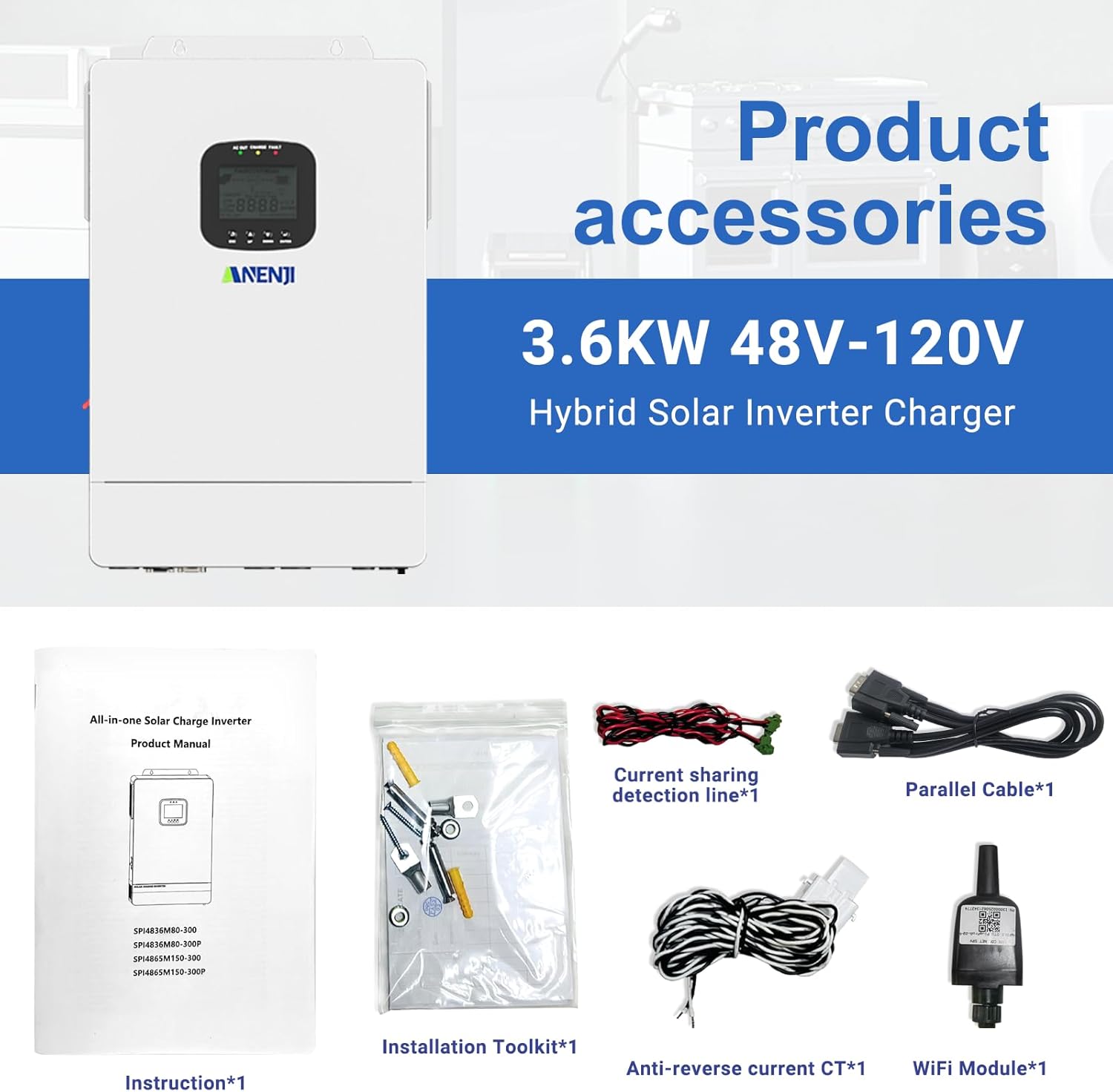 3600W Hybrid Solar Inverter 48V DC to 110V AC, Pure Sine Wave, Built-in 80A MPPT Controller, 98% Efficiency, Support Parallel 6 Units, Solar & Generator Input, for Home On/Off-Grid Systems