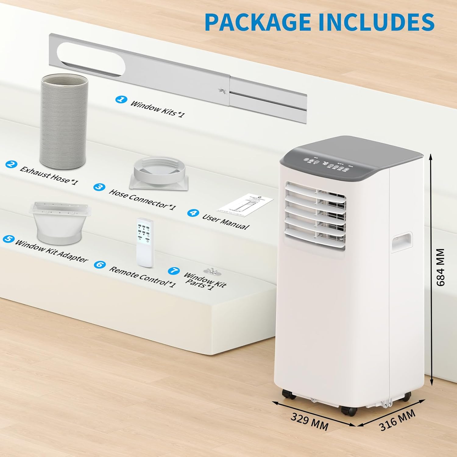 8,000 BTUs Portable Air Conditioner, 3-In-1 Room Air Conditioner with Fan & Dehumidifier Modes, Cools for 350 Sq.Ft, Remote Control & 24H Timer, Standing AC Conditioning for Office, Home （Gray Top）