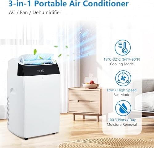 14,000 BTU Portable Air Conditioner,Cooling up to 750 sq.ft. 3-in-1 Cool, Fan and Dehumidifier Modes. Quiet AC Unit with Remote Control, LCD Display and 24-hour Timer for Rooms and Offices.