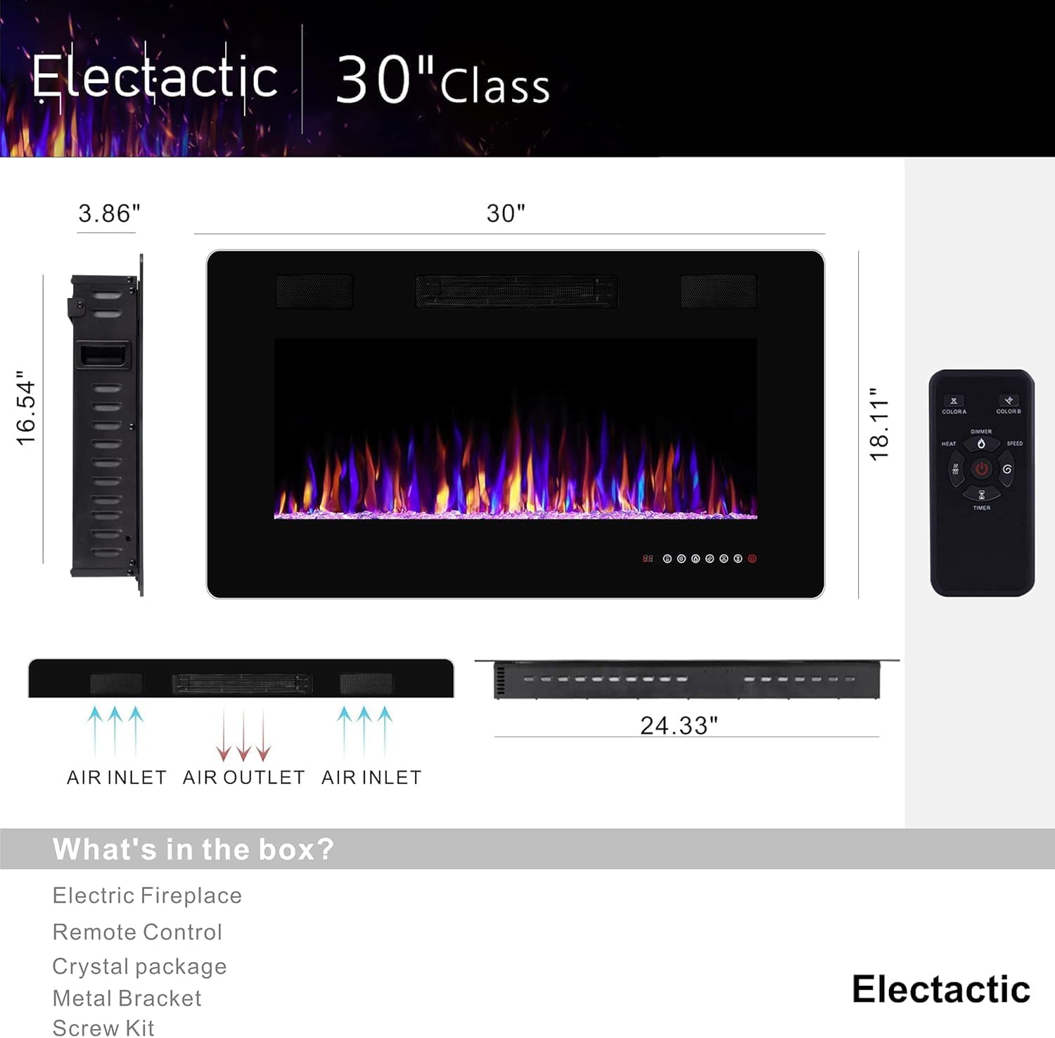 30 Inch Electric Fireplace Insert Ultra-Thin - Recessed & Wall-Mounted Fireplace Heater with Thermostat, Adjustable Flame, Remote Control - Linear with Timer, Touch Screen, 750/1500W