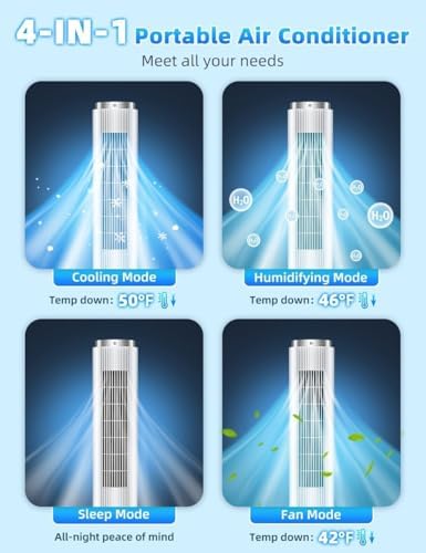 42 INCH Windowless Portable Air Conditioners w/4 Modes & 3 Speeds, 1-Gal Tank for 15H Cooling, 12H Timer, Swamp Cooler Air Conditioner No Window Needed, 90° Oscillating AC Unit for Bedroom