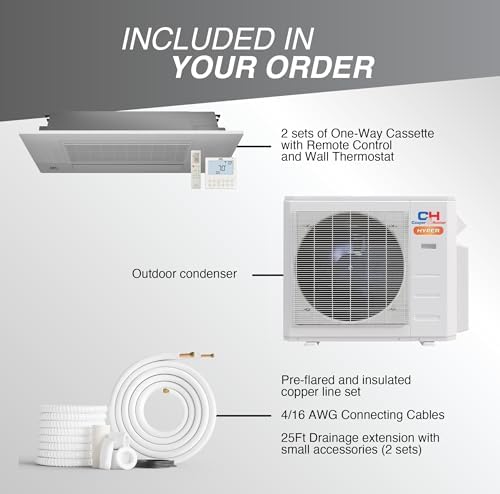 Cooper & Hunter 19,000 BTU Hyper Heat 2-Zone Ductless Mini Split Air Conditioner & Heat Pump – 6K+6K 1-Way Ceiling Cassette Air Handlers – 22 SEER2 – 25FT Installation Kits – 230V