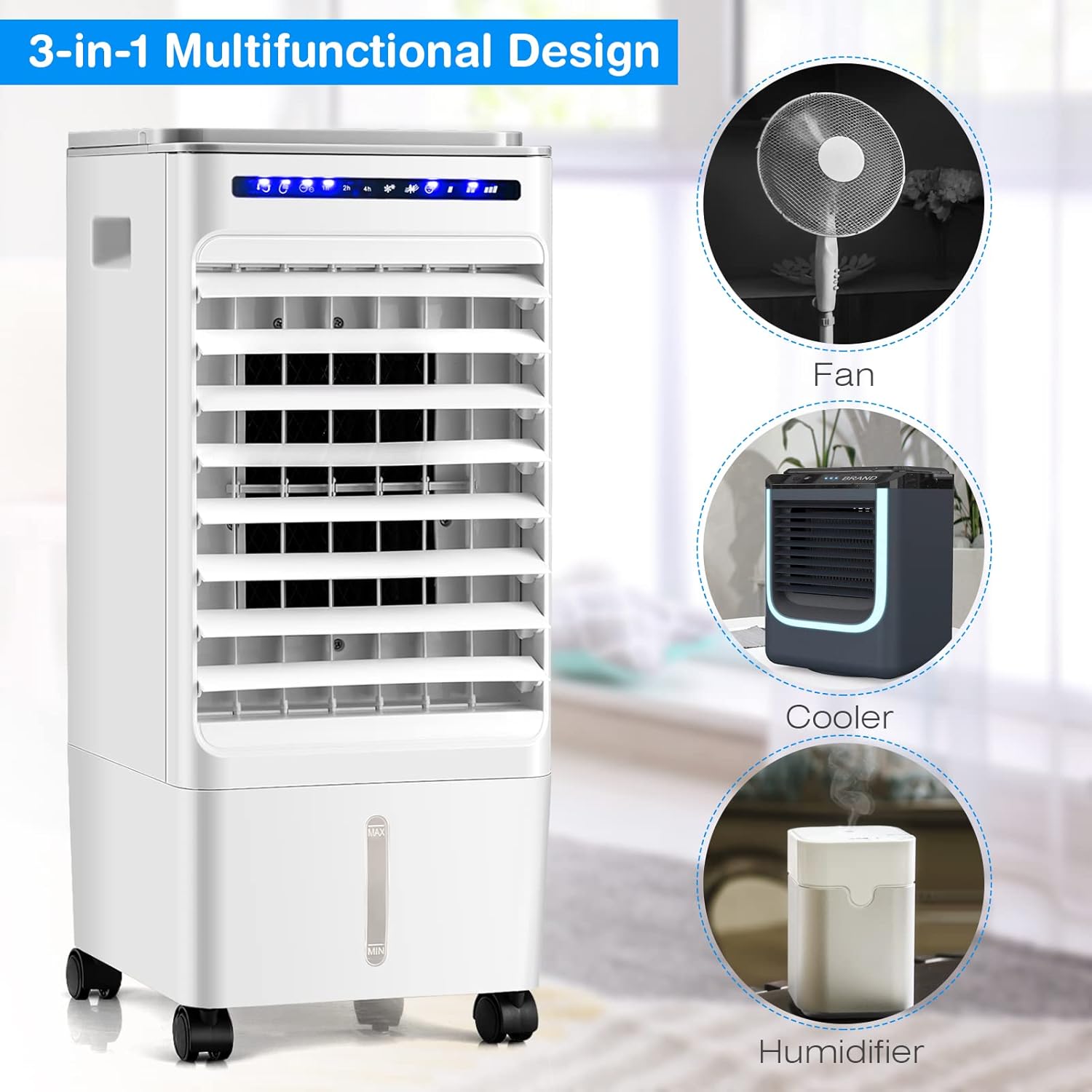 COSTWAY Evaporative Air Cooler, Portable Evaporator Cooler with Remote Control, 7H Timer, 3 Wind Speeds, 3 Modes, 4 Ice Boxes, Mini Air Conditioner for Bedroom Home Office Indoor Use White
