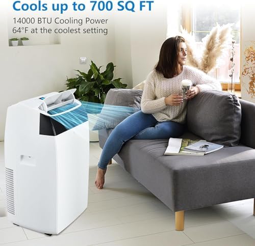 14000 BTU Portable Air Conditioner, 3-In-1 Cool, Fan, Dehumidify Modes, Cools up to 700 Sq. Ft, Quiet AC Unit with LED Display, with Remote Control, 24 H Timer for Living Room, Dorm, Office