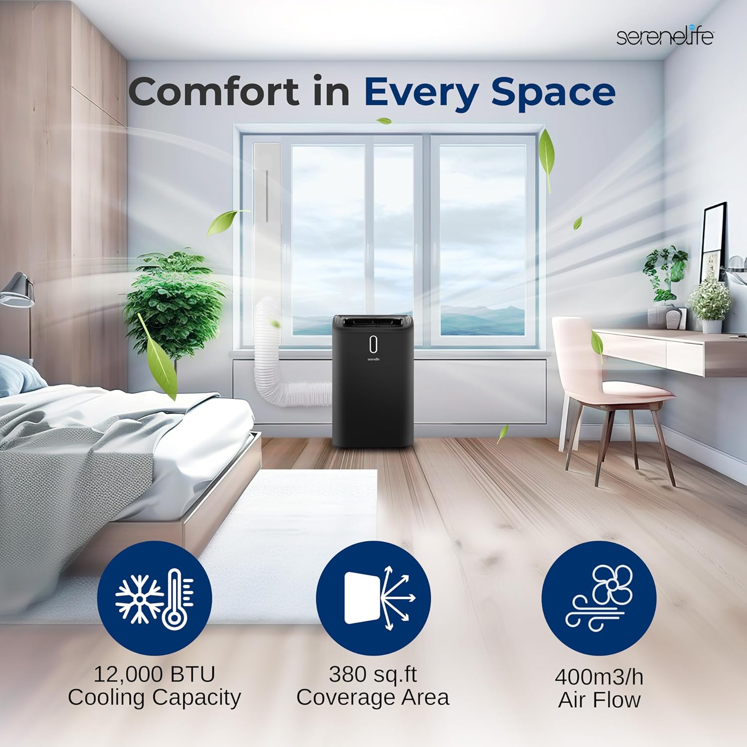 SereneLife 12000 BTU Portable Air Conditioner - 3-in-1 Compact Standing Air Conditioner for Room Up to 380 Sq. Ft. - Floor AC Unit with Remote Control - Universal Casters, Window Mount Kit