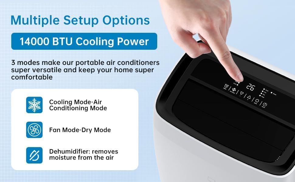 14,000 BTU Portable Air Conditioner，with Dehumidifier & Fan - Cools Rooms Up to 750 Sq.Ft | Includes Window Kit, Remote, Timer & Sleep Mode | Easy Setup，Black and While
