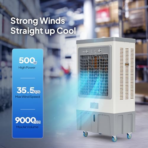ROVSUN 34.3Gal/130L Commercial Swamp Cooler, 9000CFM Powerful Evaporative Air Cooler, 500W Strong Motor, 3 Speeds, 4 Ice Packs, 3-IN-1 Humidifying Cooling Fan for Shop, Factory, Garage