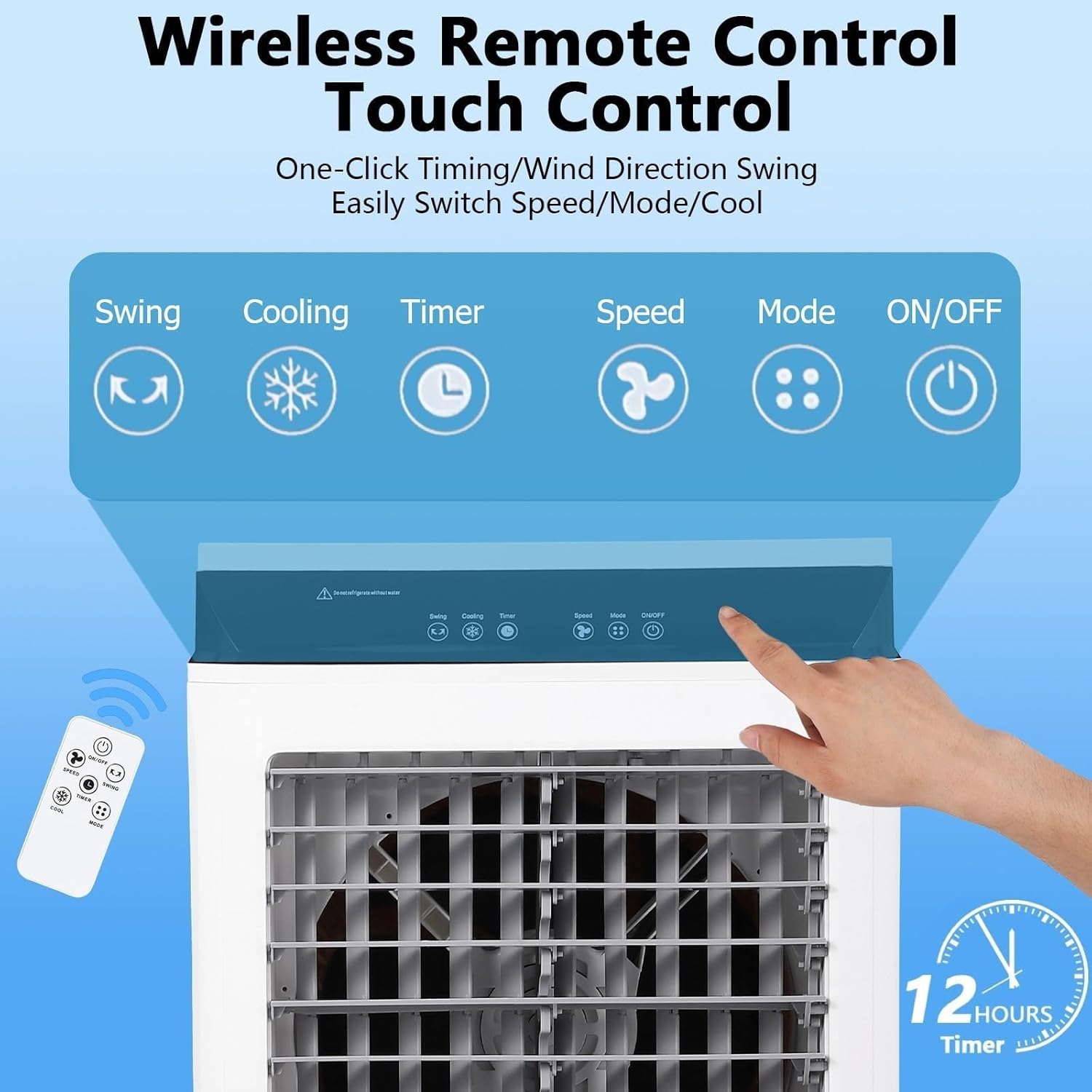 Evaporative Air Cooler, 3500CFM Portable Swamp Cooler with Remote Control & 12H Timer, 3 Cooling Modes & 3 Speeds, Includes 4 Ice Packs, 8.4 Gallon Water Tank, 4 Lockable Casters