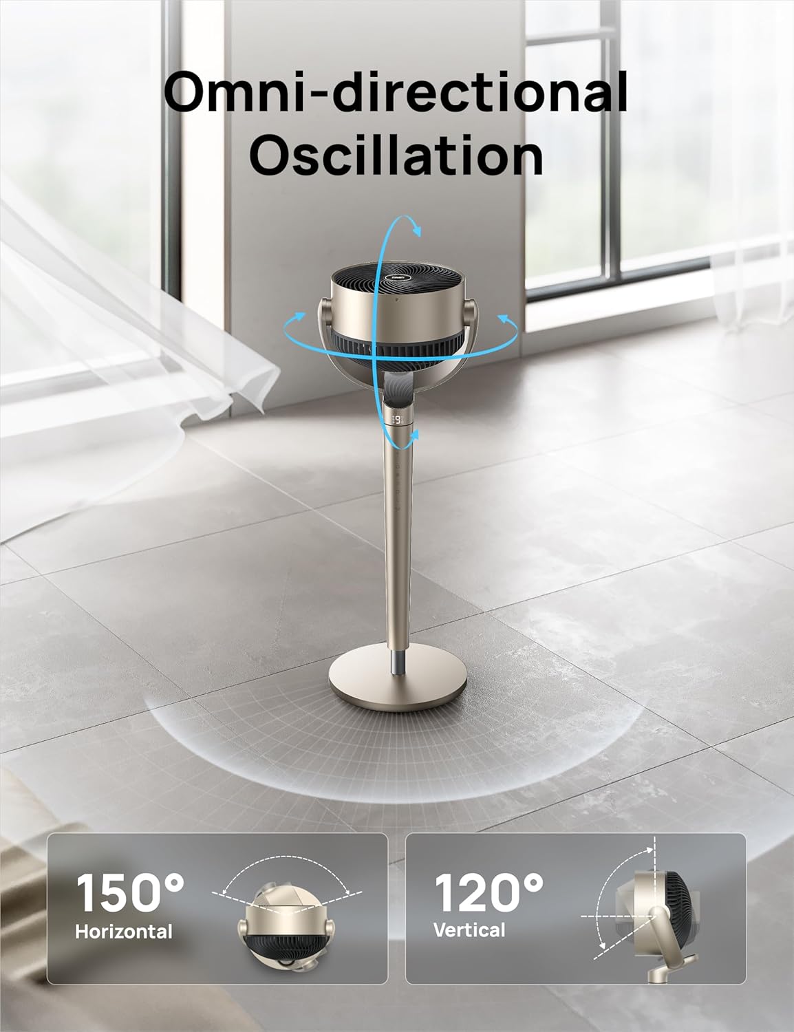 Dreo Pedestal Fan with Smart Control, 43'' Inches, 150°+120° Omni-Directional Oscillating Quiet Fans for Bedroom, 110ft Circulator Fan with DC Motor, 9 Speeds, 6 Modes, 12H Timer, Wi-Fi/Voice/Alexa