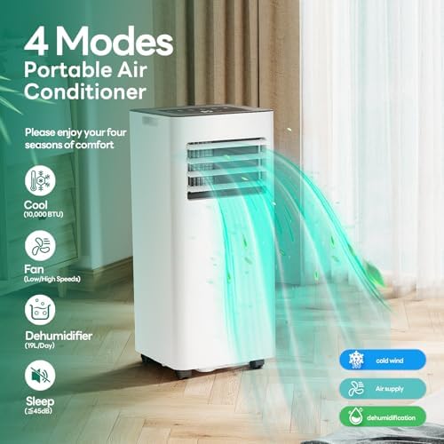 ZAFRO 10,000 BTU Portable Air Conditioners, Air Conditioner for Room Up to 450 Sq.Ft, 3-in-1 Portable AC Unit Cool & Dehumidifier & Fan Modes with Remote Control, White