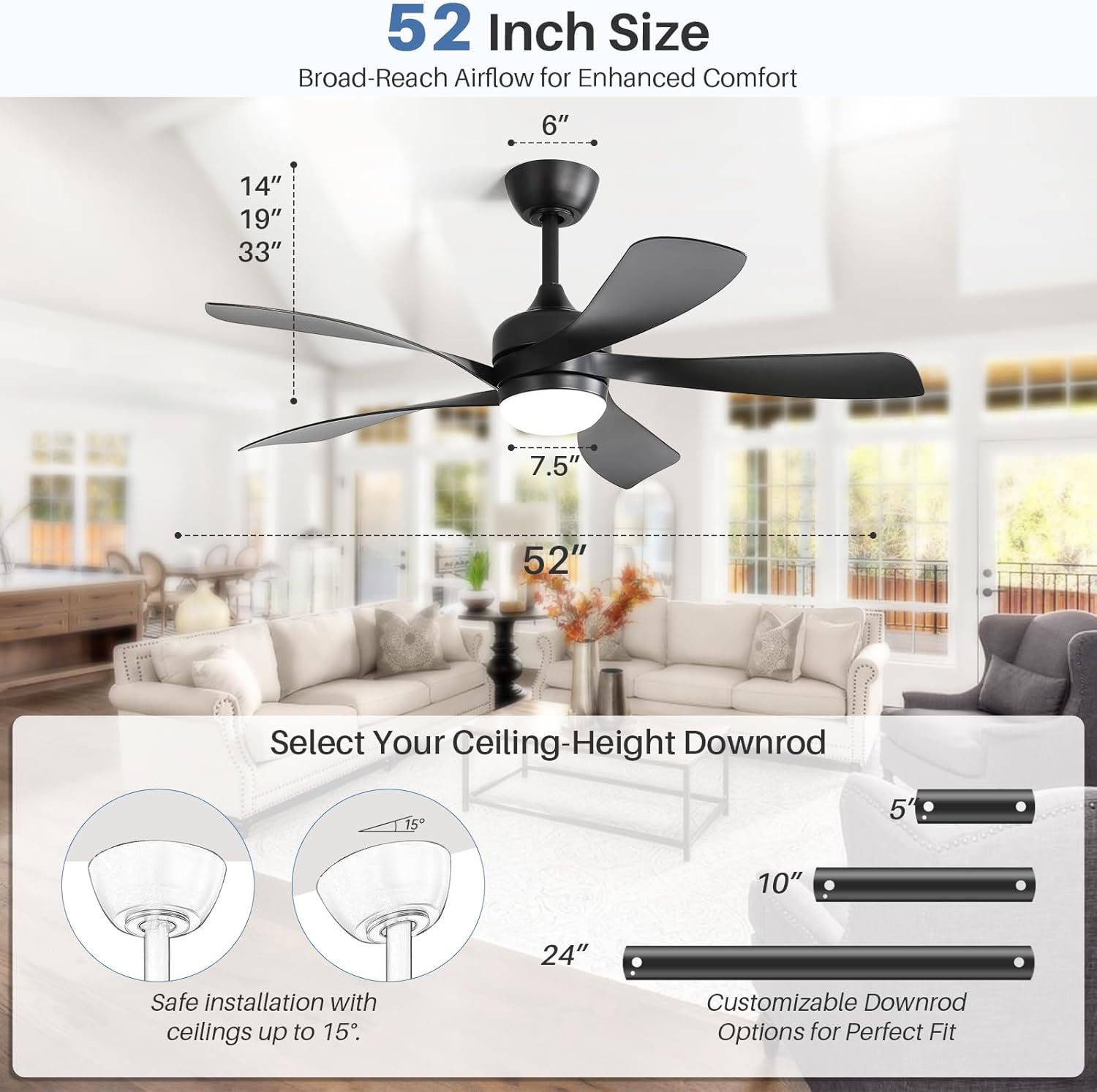 CACI Mall 52 inch Black Ceiling Fans with Lights, Remote Control, Low Profile, Modern Ceiling Fan with 5 Blades, Quiet Reversible DC Motor for Living Room, Bedroom, Patios