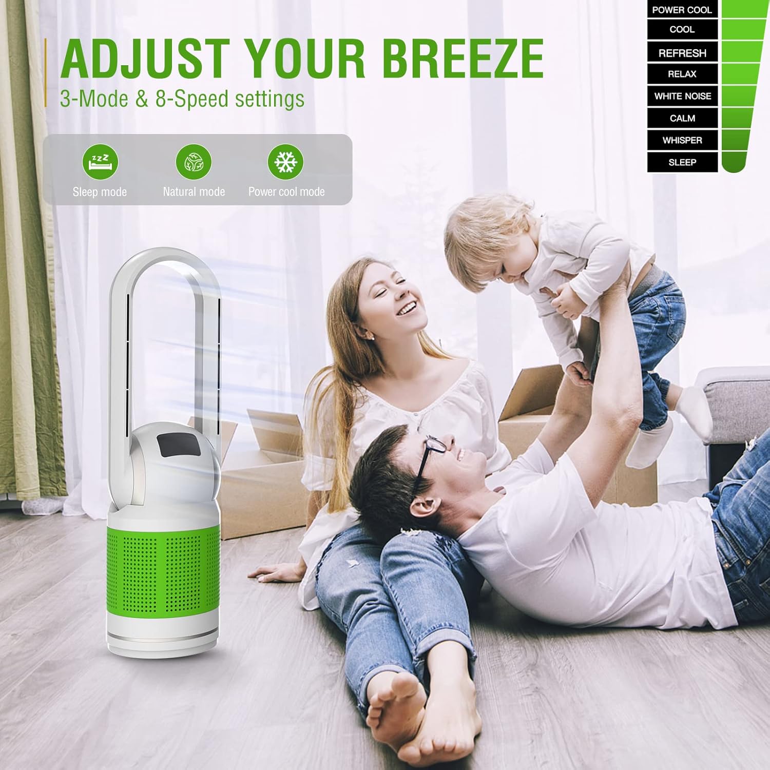 Bladeless Tower Fan and Air Purifier in One 32-Inch, HEPA-filter, 8-Speed, Oscillating, Remote Control, 8H Sleep Timer, White(MT1005)