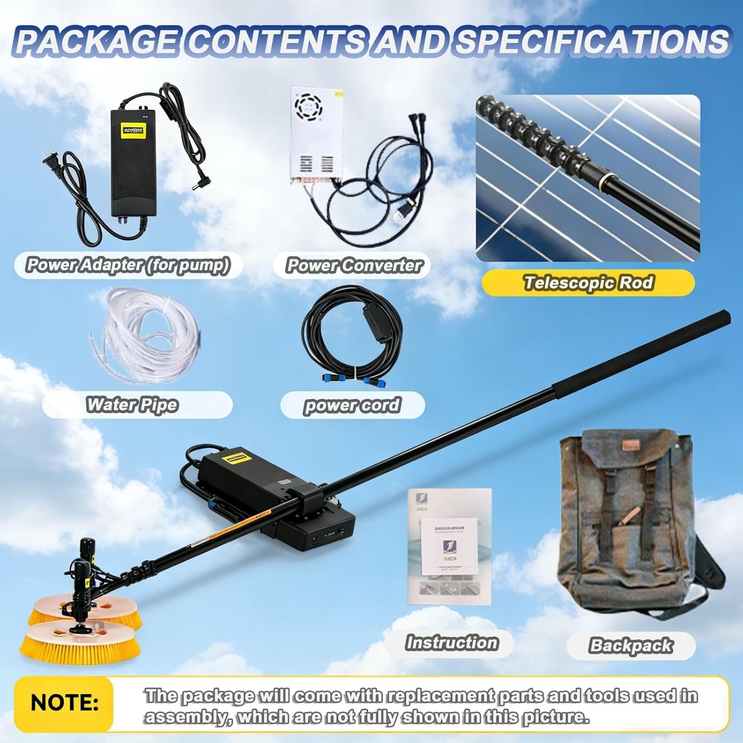 Solar Panel Cleaning Machine, Industrial Dual Head Automatic Rotating Brush, Comes with Complete Telescopic Pole Kit, Dual Power Option for Mains and Battery Operation(5m,Mains Electricity)