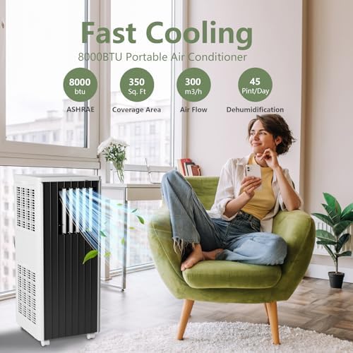 3-In-1 Portable Air Conditioner - 8,000 BTU for Rooms Up to 350 Sq.Ft, Cooling & Fan Modesfor Room, Dorm, Office Quiet AC Unit, 24-Hour Timer, Sleep Mode, Remote Control