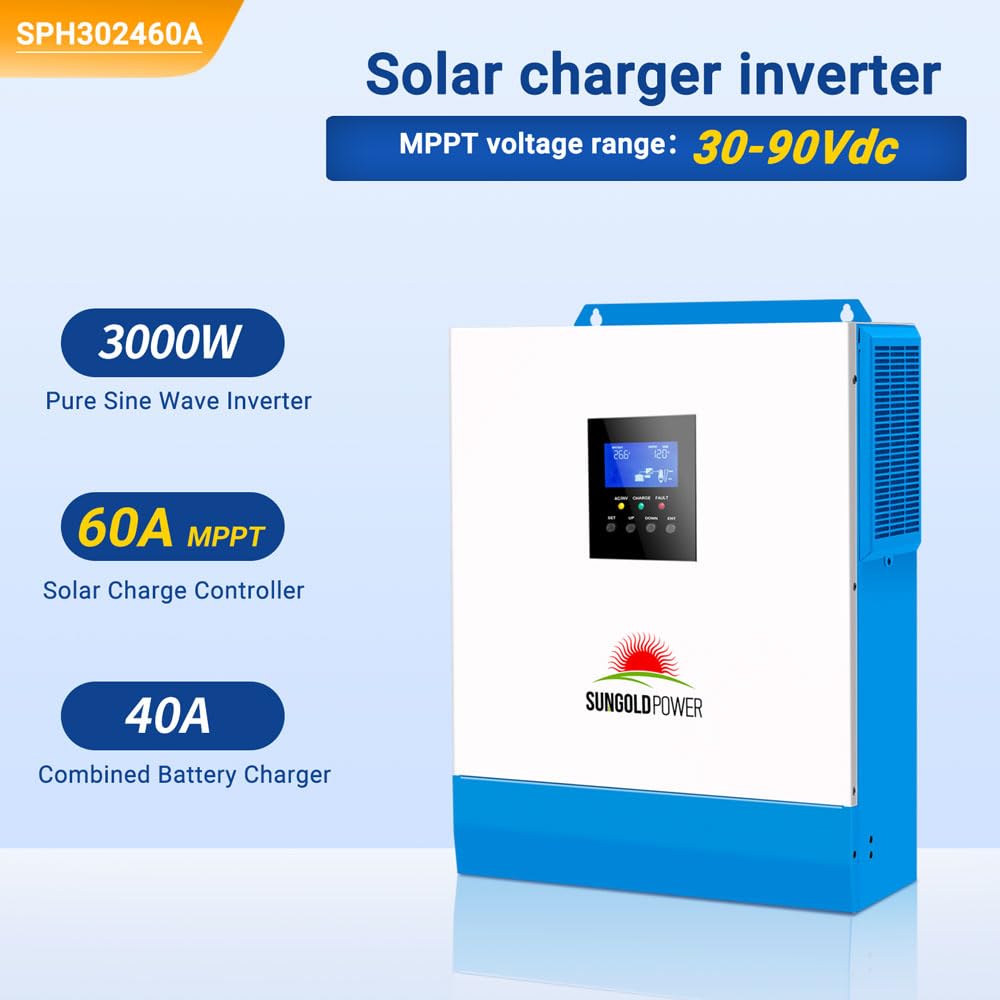SUNGOLDPOWER 3000W DC 24V Solar Inverter with 60A MPPT Solar Charger (MPPT Voltage Range 30-90Vdc), 40A AC Battery Charger, 120V AC Output,All in One Pure Sine Wave Inverter