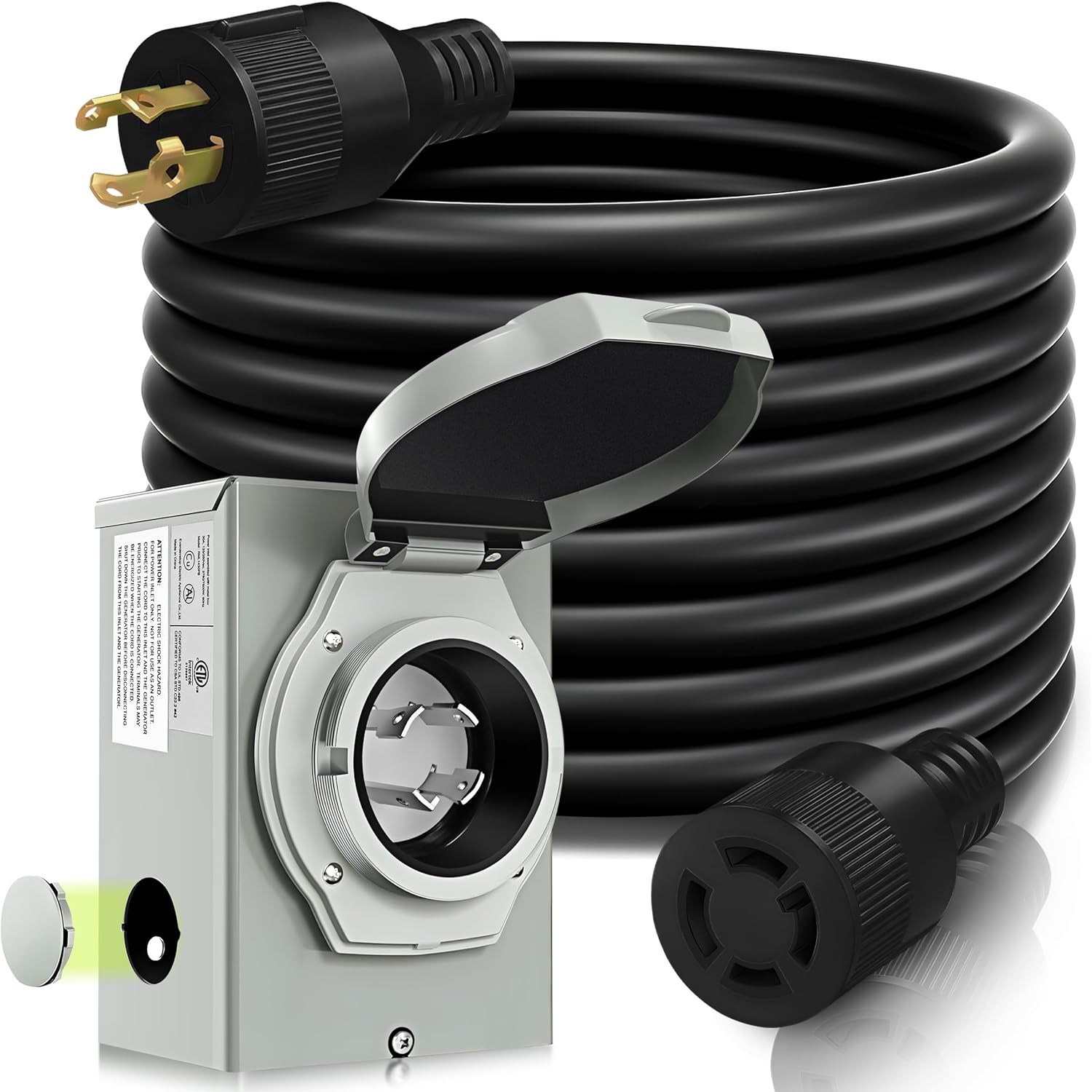 30 Amp Generator Cord and Generator Power Inlet Box Pre-Drilled, Generator Cords 25FT, 30 Amp 125V/250V Generator Power Cord NEMA 14-30P to 14-30R, Twist Locking Connector