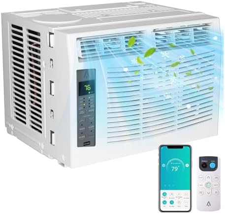6,000 BTU Window Air Conditioner-WiFi-Enabled Smart AC with Remote,3-In-1 Fan/Dehumidifier Window AC Unit,Cools up to 250 Sq. Ft,Mini Air Conditioner for Bedroom,Office,Home,White