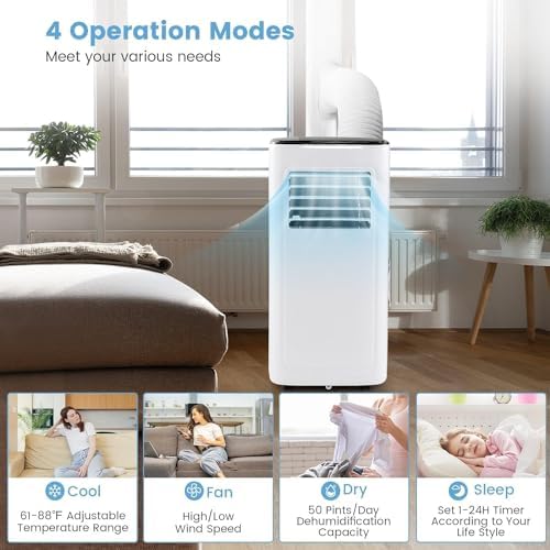 ARLIME Portable Air Conditioners, 9000 BTU Air Unit, Fan & Dehumidifier w/ 24H Timer, LED Display, 2 Fan Speeds, Sleep Mode, 4 Wheels, Remote Control, Installation Kit for Room up to 280 Sq. Ft