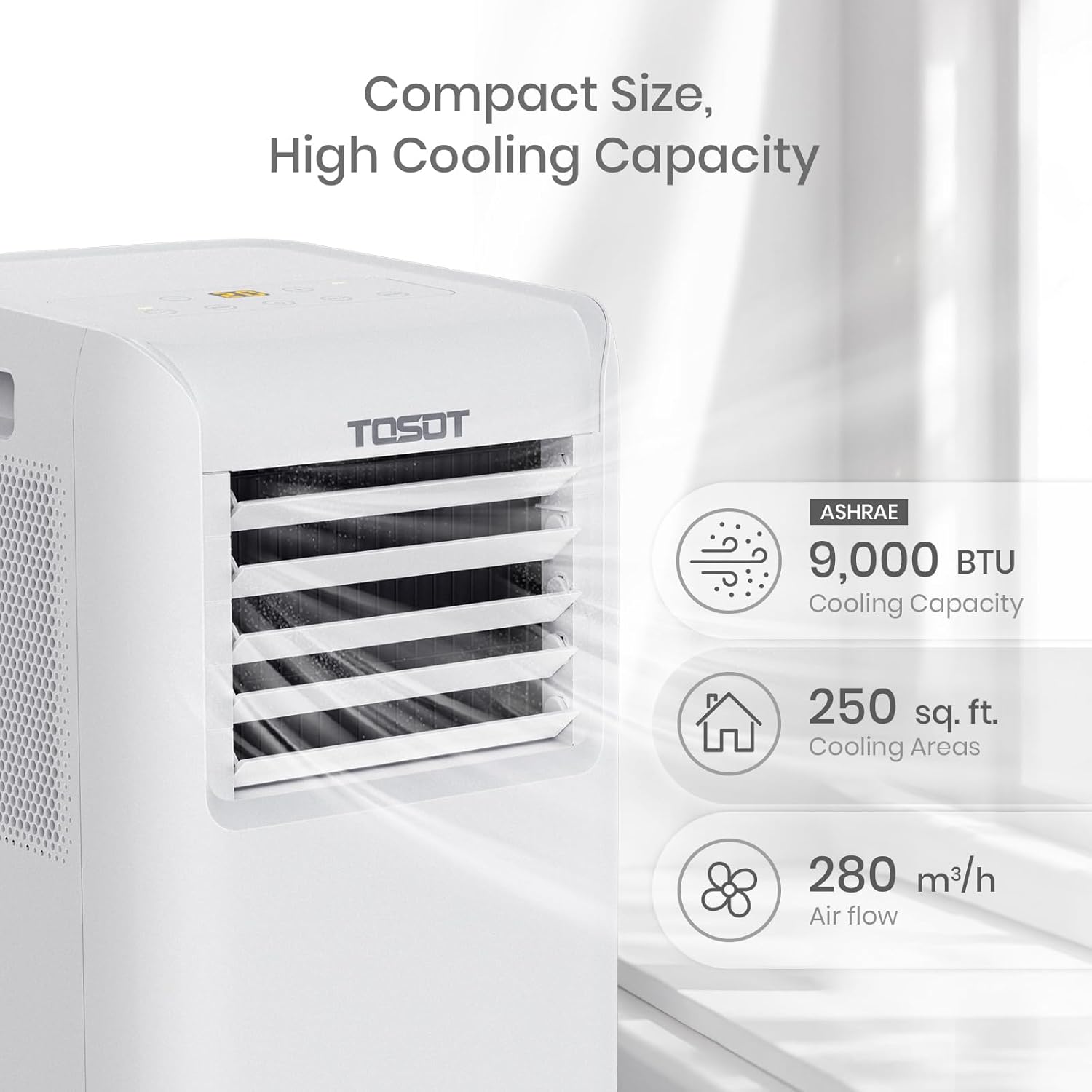 TOSOT 9,000 BTU Air Conditioner Easier to Install, Quiet and 3-in-1 Portable AC, Dehumidifier, Fan for Rooms up to 250 Sq Ft, Aovia Series, White
