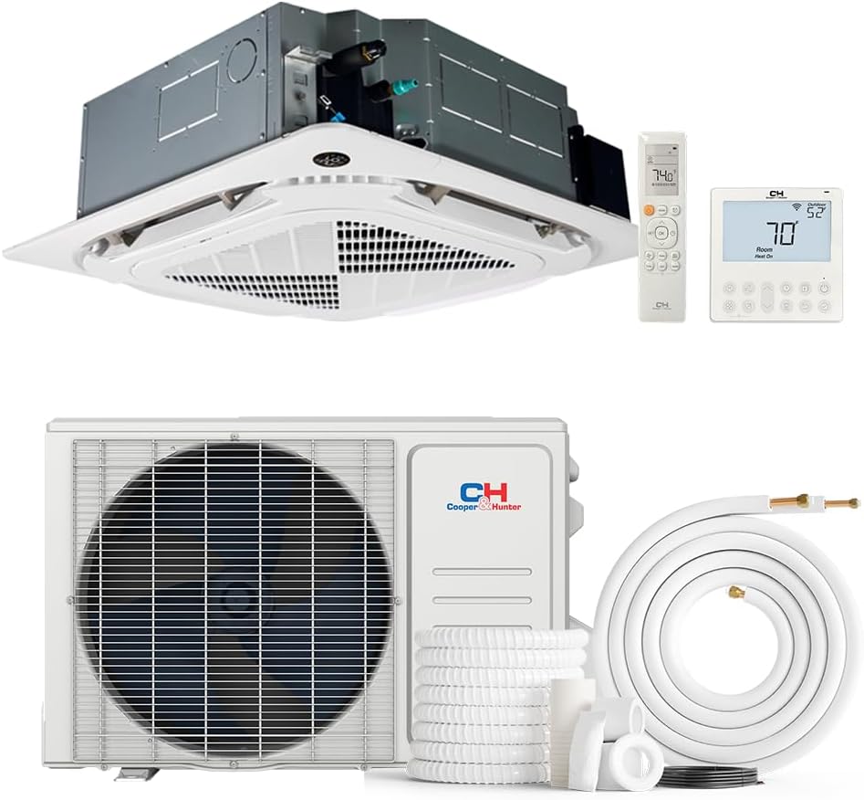 Cooper & Hunter 12,000 BTU Ceiling Cassette Ductless Mini Split Air Conditioner & Heat Pump – 21.1 SEER2 – Includes 25FT Installation Kit & Wall Thermostat – Cooling & Heating Inverter System