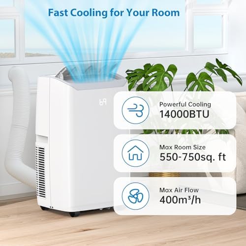 14000 BTUs Portable Air Conditioner, Cools Room up to 750 Sq. Ft., 3-IN-1 Portable AC Unit with Dehumidifier, Fan Function, Remote Control Sleep Mode/24Hrs Timer, Low Noise, Window Installation Kit
