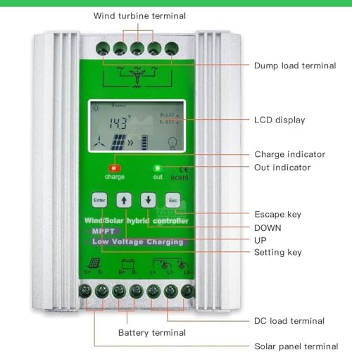 Hybrid Wind Solar Charge Controller - Off-Grid 12/24V 400W Wind + 500W Solar Systems with Booster Function & Dump Load for Efficient Energy Management