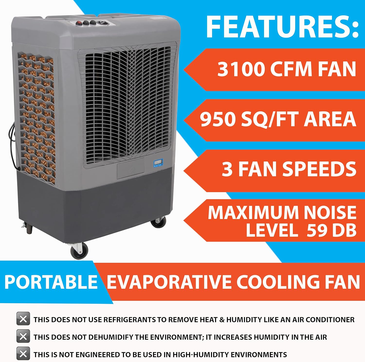 Portable Evaporative Air Coolers with Fan - Hessaire MC37M (3100 CFM) and MC18M (1300 CFM)