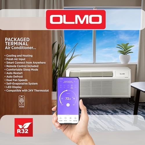OLMO 9,000 BTU PTAC – Heating & Cooling – Packaged Terminal Air Conditioner & Heat Strip – Built-In 3.5kW Electric Heater – Includes Wireless Smart Kit, Remote & Power Cord – R-32 Refrigerant