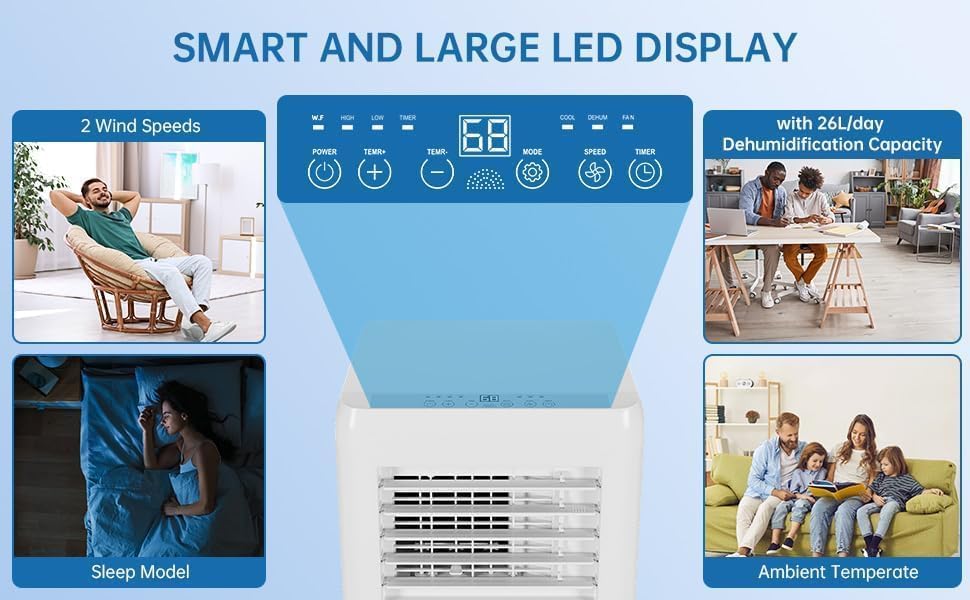 10000 BTU Portable Air Conditioner with Cooling, Heating & Dehumidifying – Cools up to 450 sq ft, Quiet Sleep Mode, Remote Control & 24H Timer, 360° Casters & Window Kit