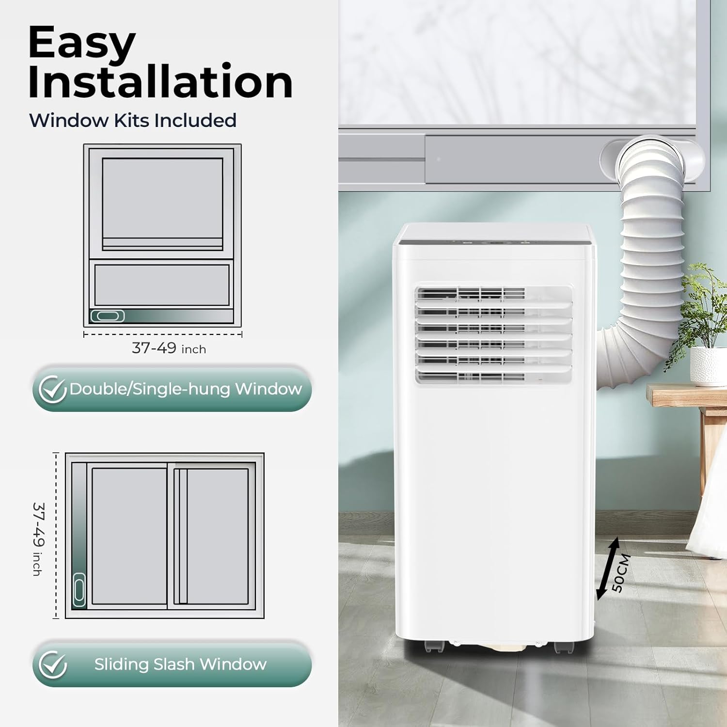 R.W.FLAME 8,000 BTU Portable Air Conditioner, 3-in-1 Portable AC Unit, 4 Modes with 24H Timer/LED Display/Remote Control/Installation Kits for Bedroom/Living Room/Dorm/Office, White