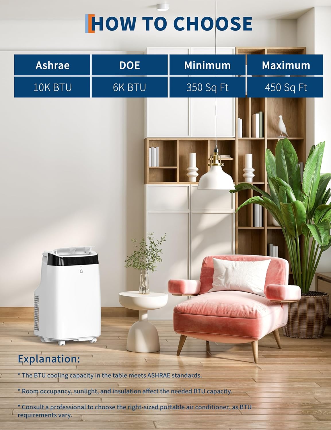 10000 BTU Portable Air Conditioner - 3 in-1 Cooling, Dehumidifier & Fan with Quiet Operation, Sleep Mode, 24H Timer & Energy Savings, for Rooms Up to 450 Sq.Ft, Includes Remote Control, Reusable Filt