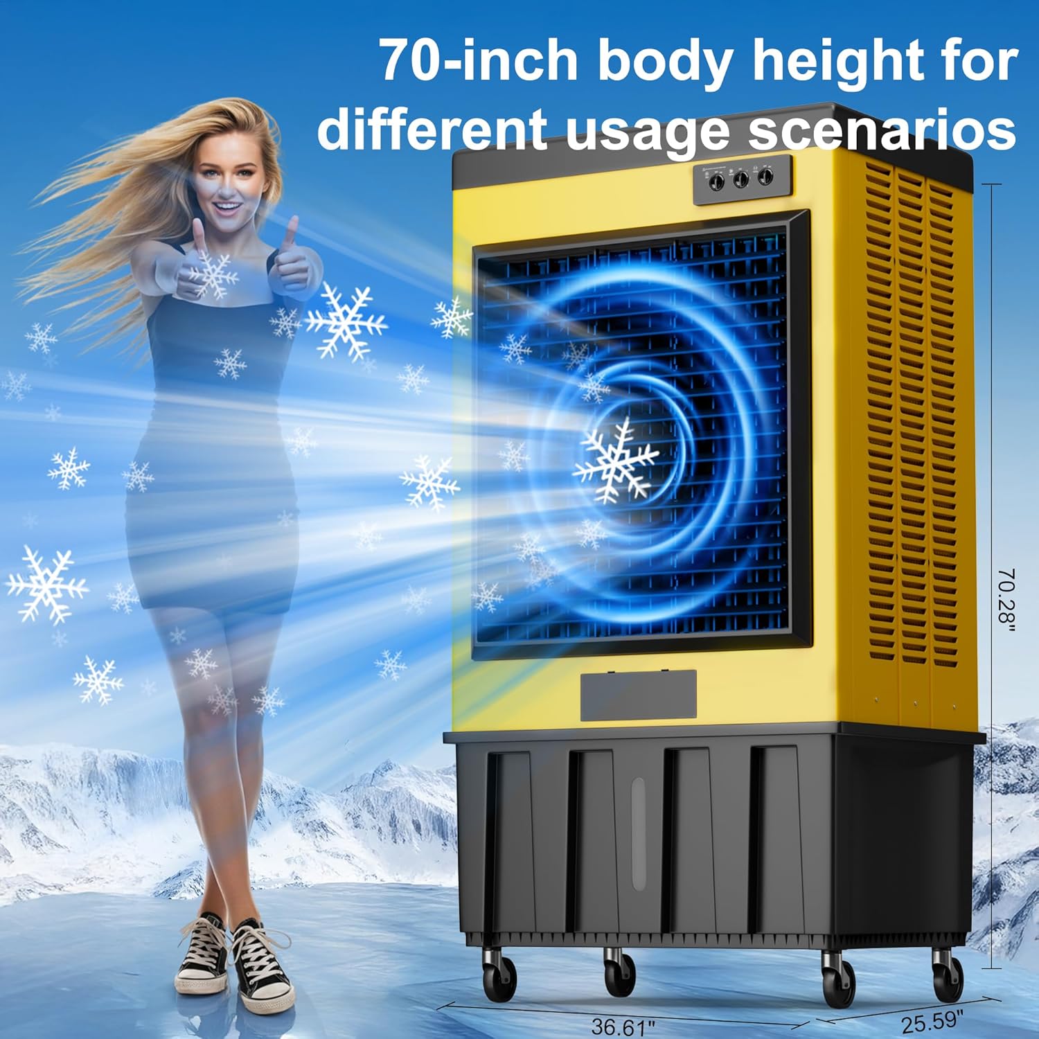 Swamp Cooler,14715 CFM Evaporative Air Cooler,52.8 Gal Water Tank Outdoor Air Conditioner,3 Speed,Suitable for Indoor & Outdoor Garage,Patio,courtyard,factory workshop,70inch,Yellow