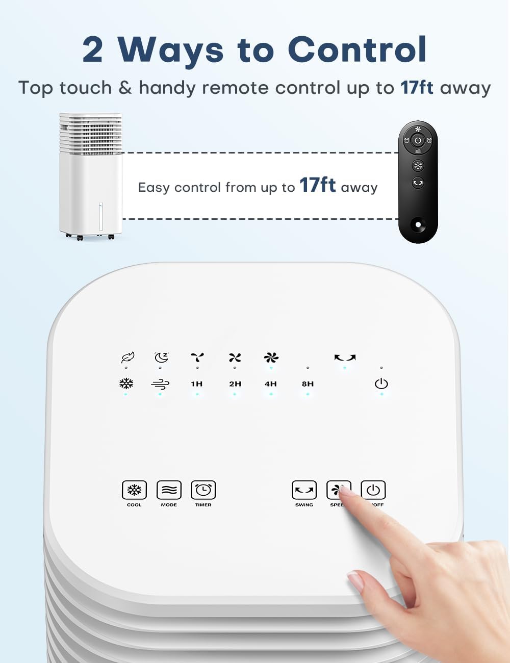 4-IN-1 Portable Air Conditioners, Evaporative Air Cooler w/ 4 Modes & 3 Speeds, 15H Timer for Smart Auto-off, 2-Gal Tank for 20H Cooling,17FT Remote,No Hose Needed,120°Oscillating Swamp Cooler