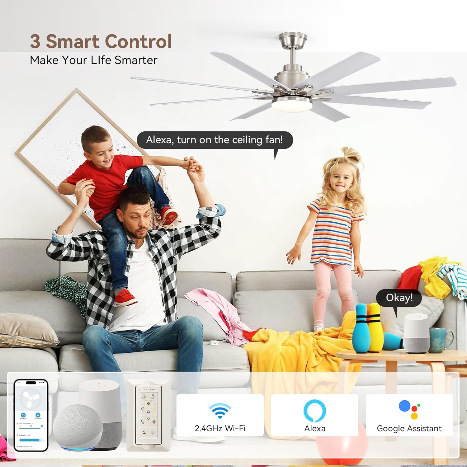 Sofucor Smart Ceiling Fan with Light, 52'' White Indoor/Outdoor Ceiling Fans with Remote Control, Work with Alexa/Google, Reversible DC Motor, ABS 8 Blades Ceiling Fans for Bedroom Living Room Patio