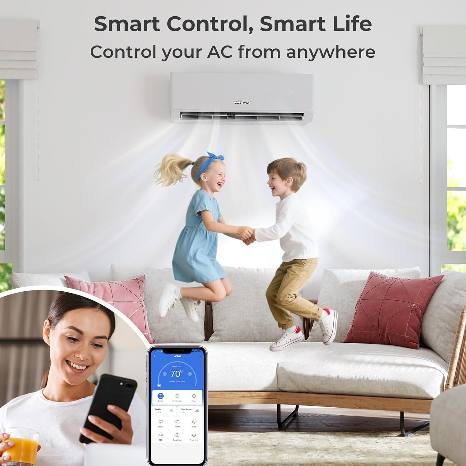 COSTWAY 30k Tri 3 Zone Mini Split Air Conditioner, 23 SEER2, 9k+12k+12k BTU, 208-230V, Wifi Enabled Multi Zones Mini Split AC Heat Pump Full Set, Ductless Energy Star