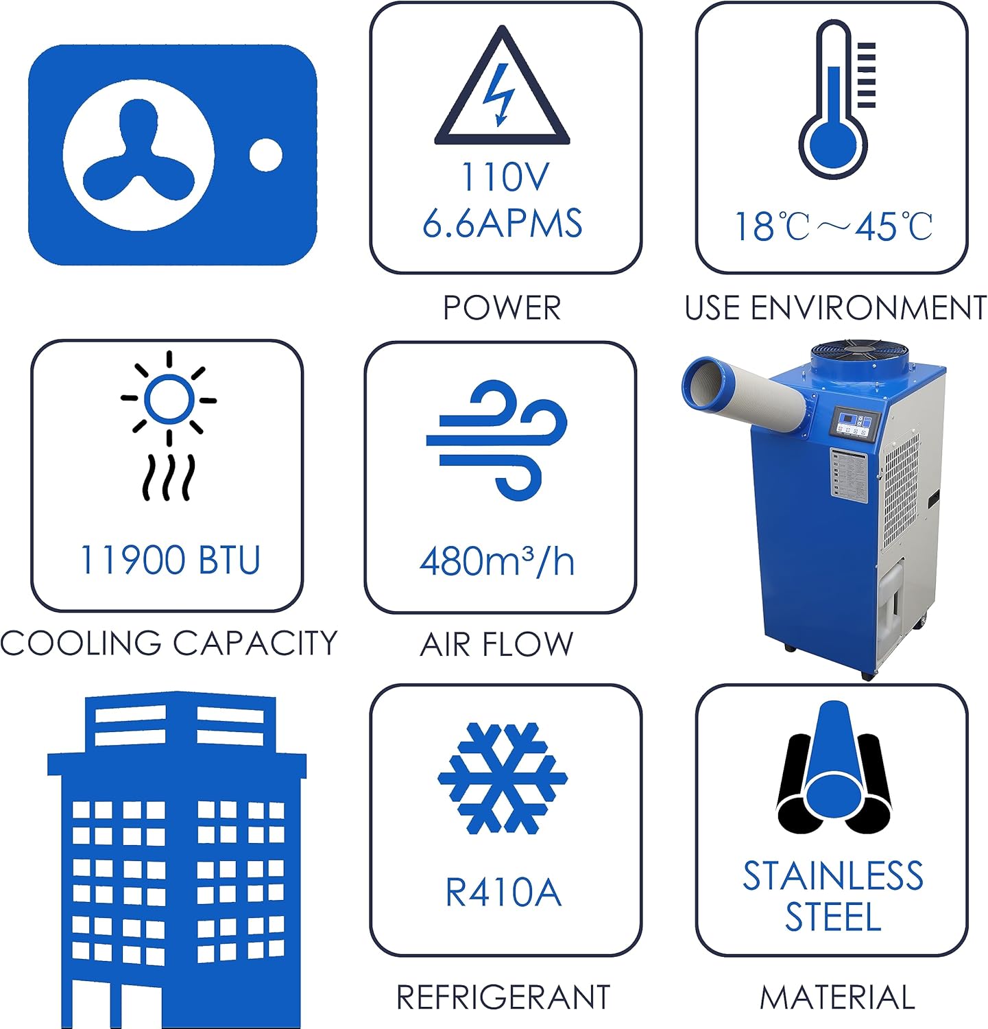 11900 BTU Industrial Portable Air Conditioner Single Nozzle Mobile Spot Cooler with 3.7 Gal Water Tank Automatic Control 480m³/h 110V 1400W