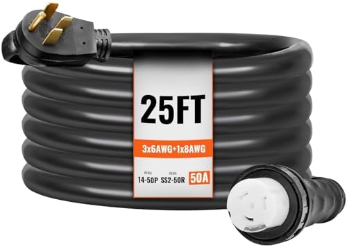 50 Amp Generator Cord and Power Inlet Box Kit, 25FT, NEMA 14-50P/SS2-50R STW 6/3+8/1 AWG Generator Power Cord with Twist Lock Connector, Pre-Drilled Inlet Box for Generator to House, ETL Listed