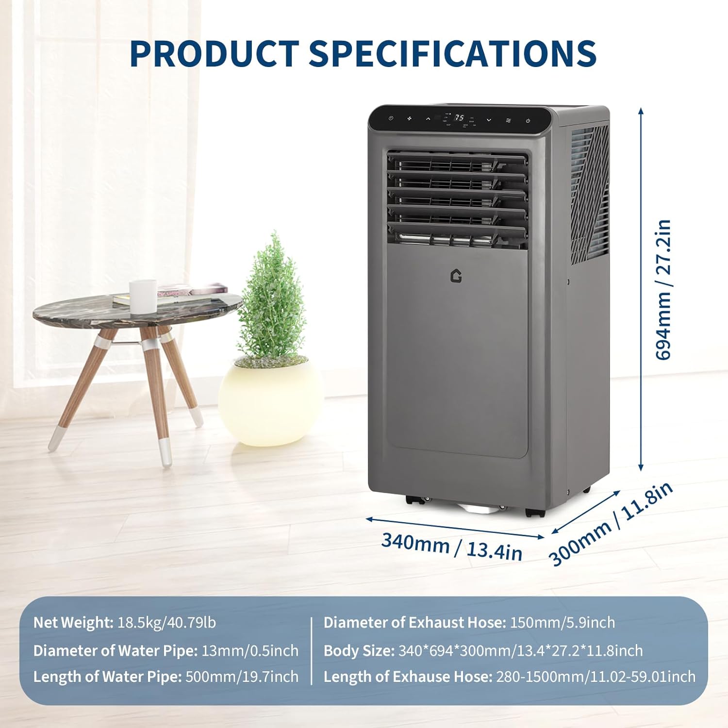 GarveeLife Portable Air Conditioner, 8000 BTU for Rooms Up to 350 Sq. Ft. 4 Modes with Remote Control Quiet AC, Dehumidifier, Fan Includes Window Installation Kit, 24-Hour Timer, Sleep Mode, Grey