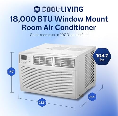 Cool-Living 18,000 BTU Window Mount Room Air Conditioner with Installation Kit and Remote Control, Cools Rooms Up To 1000 Square Feet, White