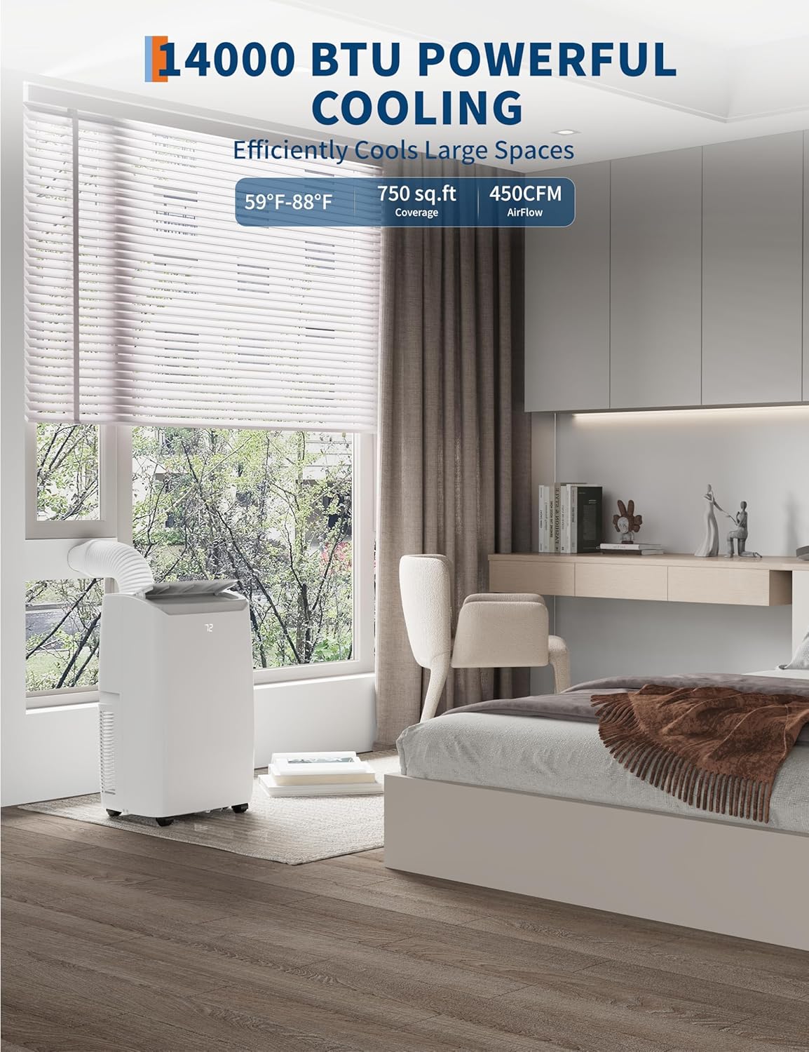 14000 BTU Portable Air Conditioners with Remote Control, 3 in-1 Free Standing Cooling AC Unit with Fan & Dehumidifier, Cools Room up to 750 sq.ft, Smart/Sleep Mode,3 Speed,Auto Swing,24H Timer