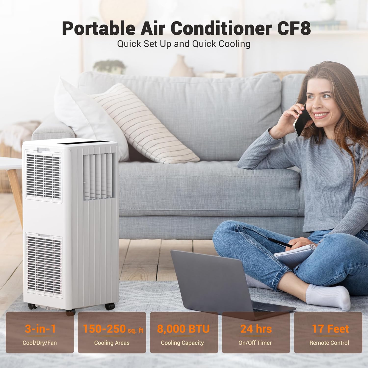 8,000 BTU Portable Air Conditioner, 3-In-1 Portable AC Unit with Fan, Cool & Dehumidify Modes, Standing Air Conditioner Cool Up to 350 Sq.Ft, Remote Control, Air Conditioning for Home, Office