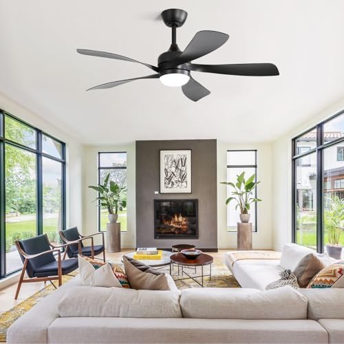 CACI Mall 52 inch Black Ceiling Fans with Lights, Remote Control, Low Profile, Modern Ceiling Fan with 5 Blades, Quiet Reversible DC Motor for Living Room, Bedroom, Patios
